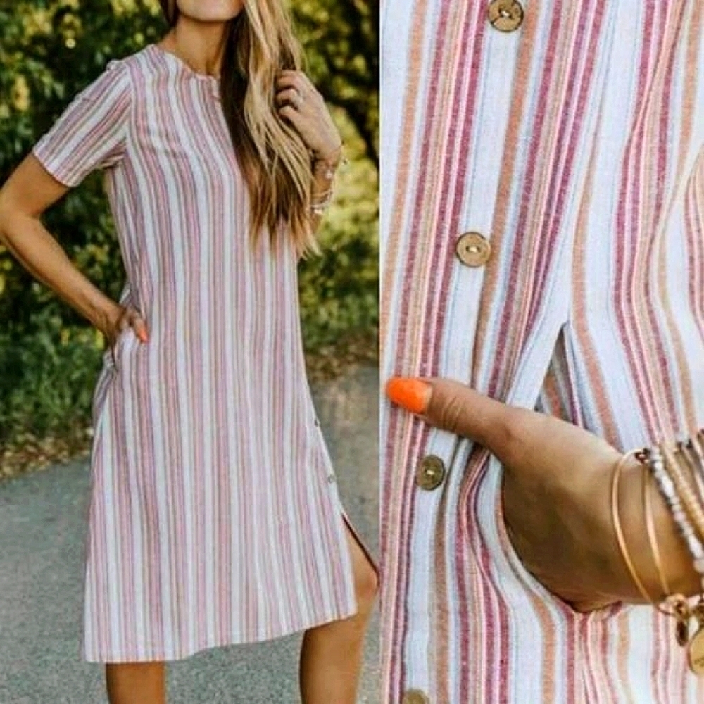 Roolee Striped Cotton Linine Button Side Hipster Woven Midi Dress w/ Pockets